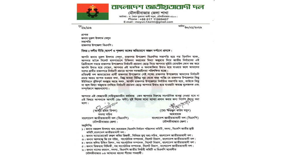 রাজনগরে শোকজ করা নিয়ে বিএনপিতে ‘অসন্তোষ’