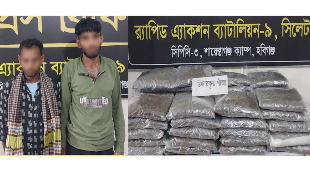 হবিগঞ্জে র‌্যাবের অভিযানে সাড়ে ৪৫ কেজি গাঁ জাসহ আ ট ক ২
